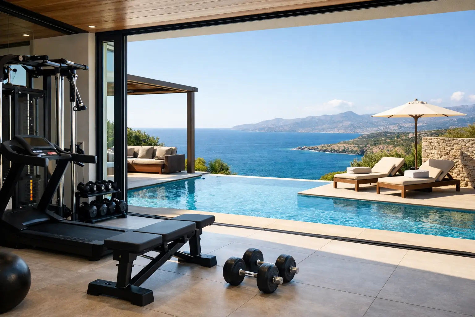 A Villa With Gym Equipment in Crete, Done Well